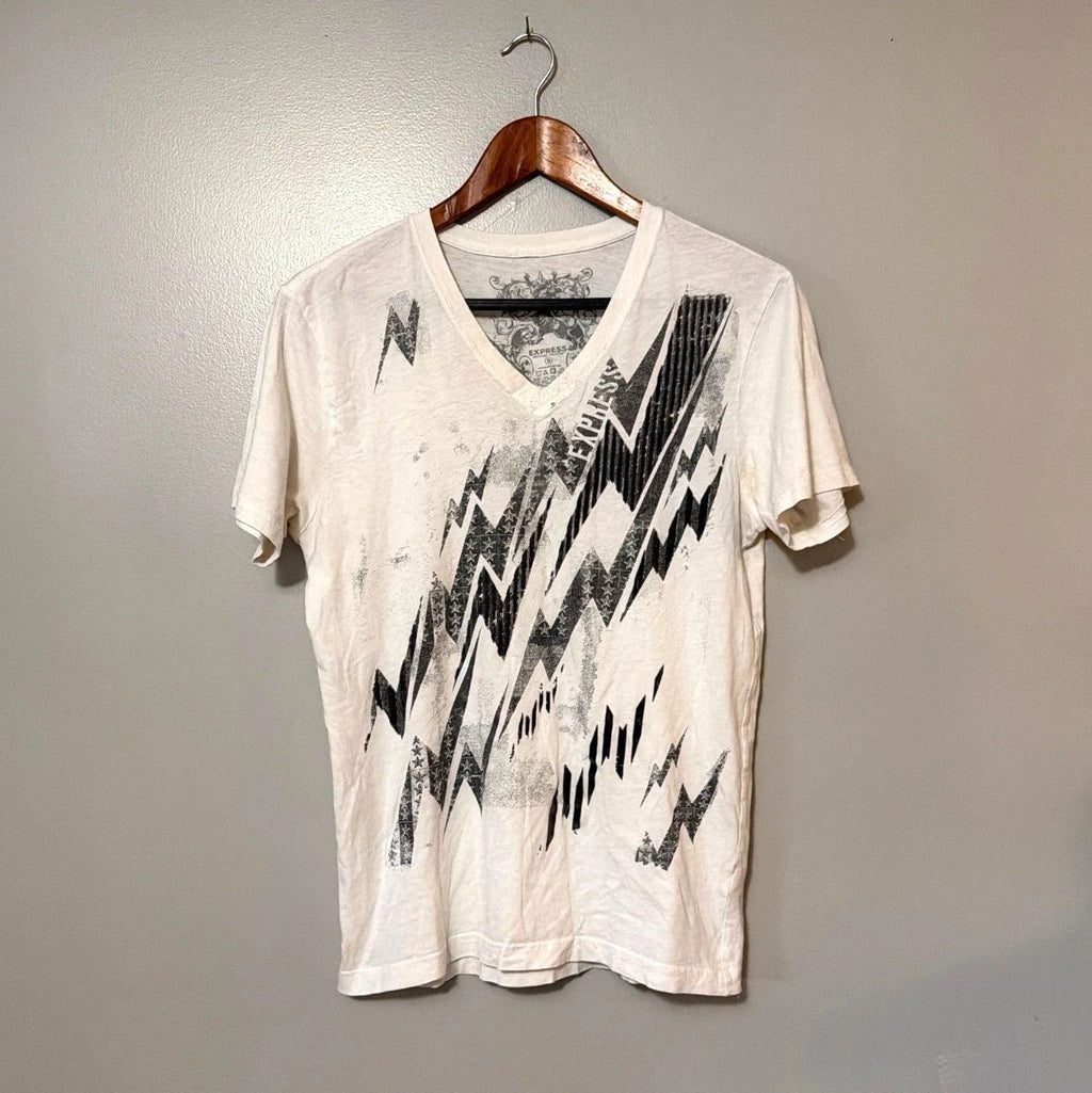 Y2K Express Mens Graphic V-Neck T-Shirt White Lightning Bolt Skull Design Small