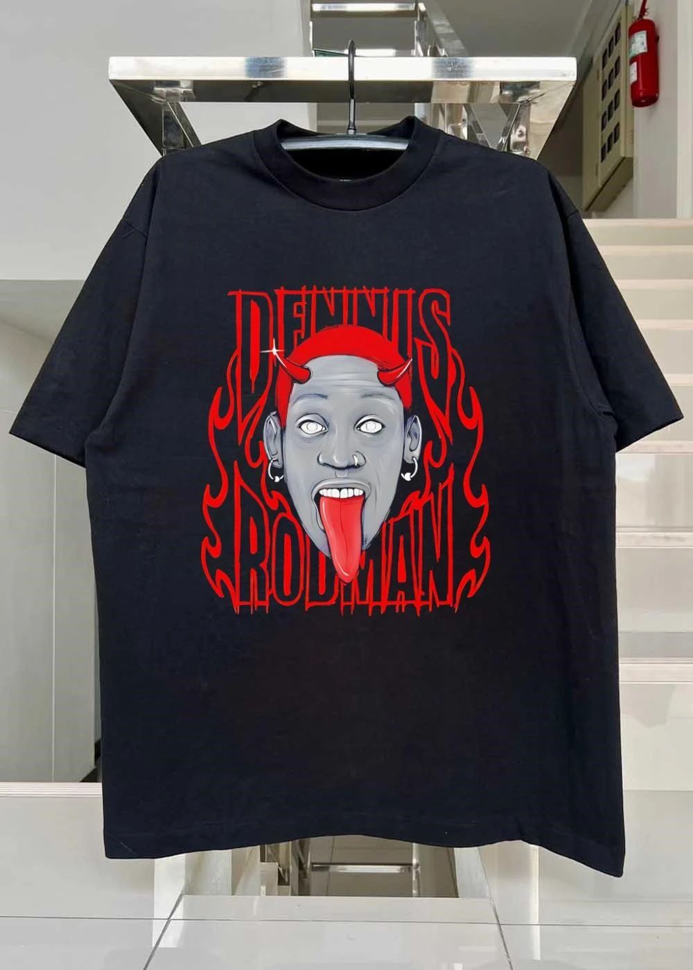 Dennis Rodman Head With Red Horns and Fire Flame Graphic shirt