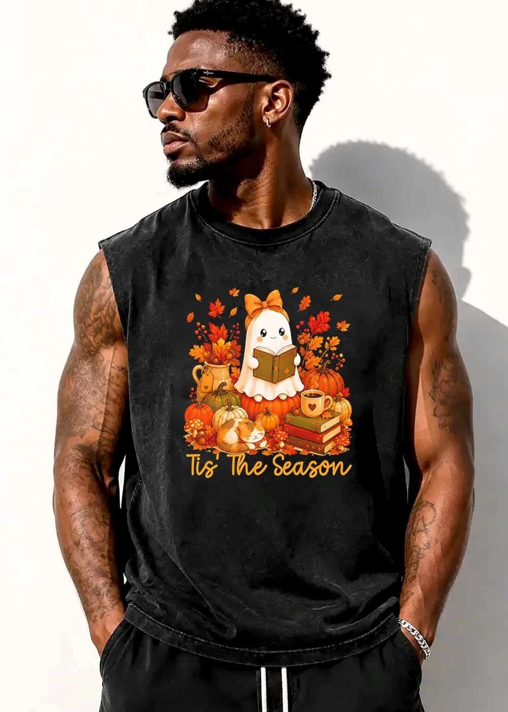 Tis The Season Cute Ghost Reading Book Pumpkin Sleeping Cat Leaves shirt