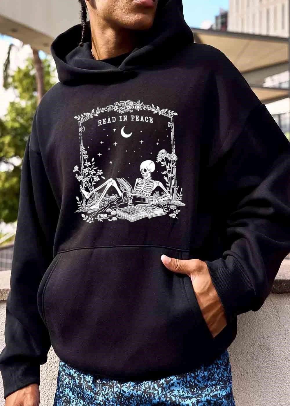 Read In Peace Skeleton Reading Book Crescent Moon Line Art shirt