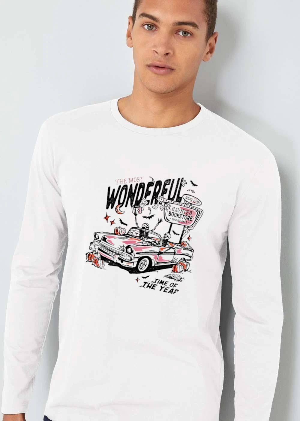 The Most Wonderful Haunted Bookstore Next Exit Spooky Sale Time Of Year Skeleton Convertible Pumpkins shirt