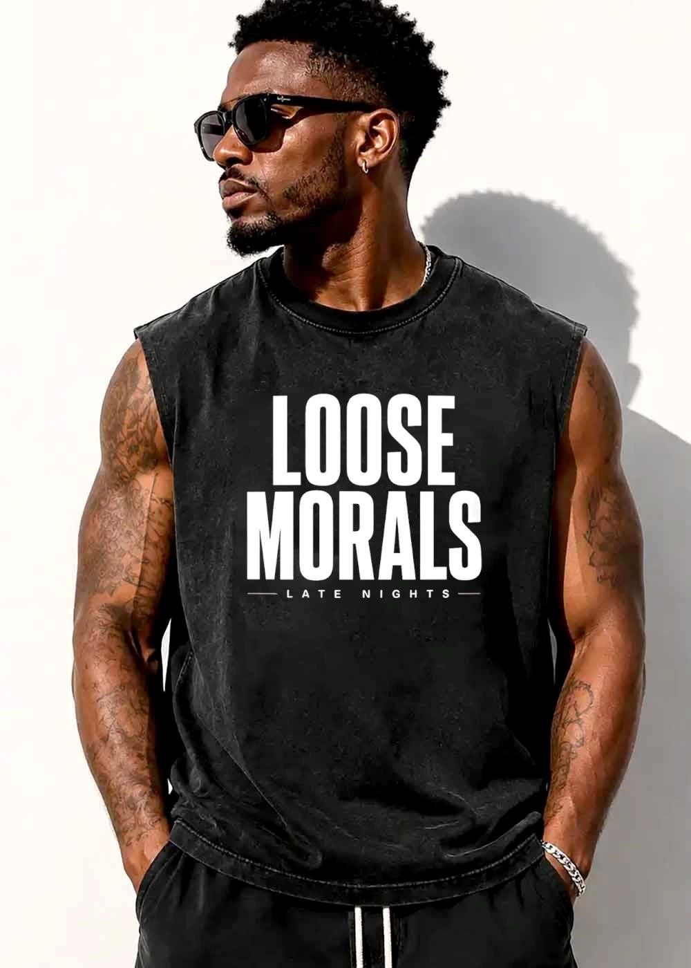 Loose Morals Late Nights Bold Tall Condensed Typography Horizontal Lines shirt