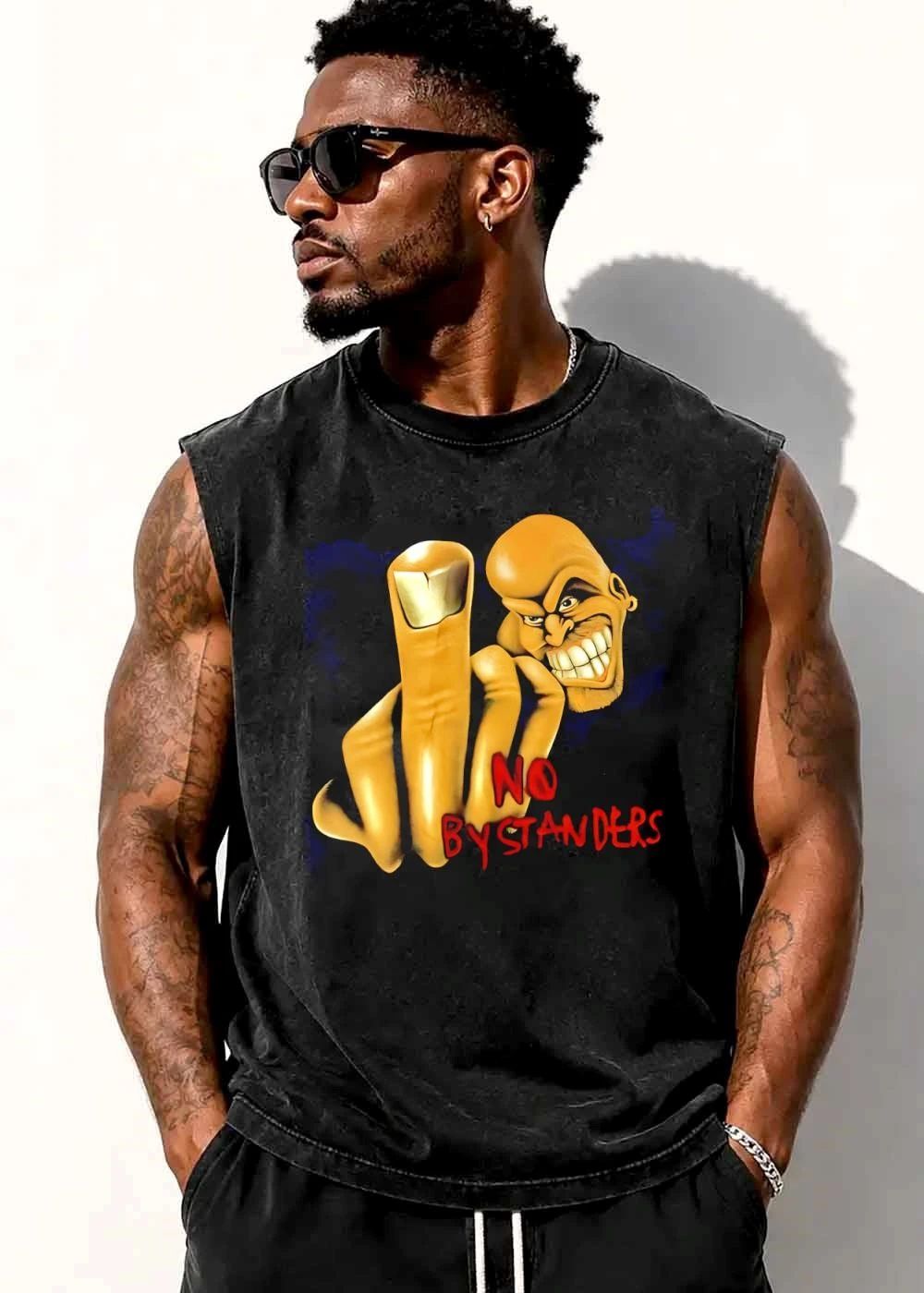 No Bystanders Yellow Cartoon Caricature Bald Man Middle Finger Hand shirt