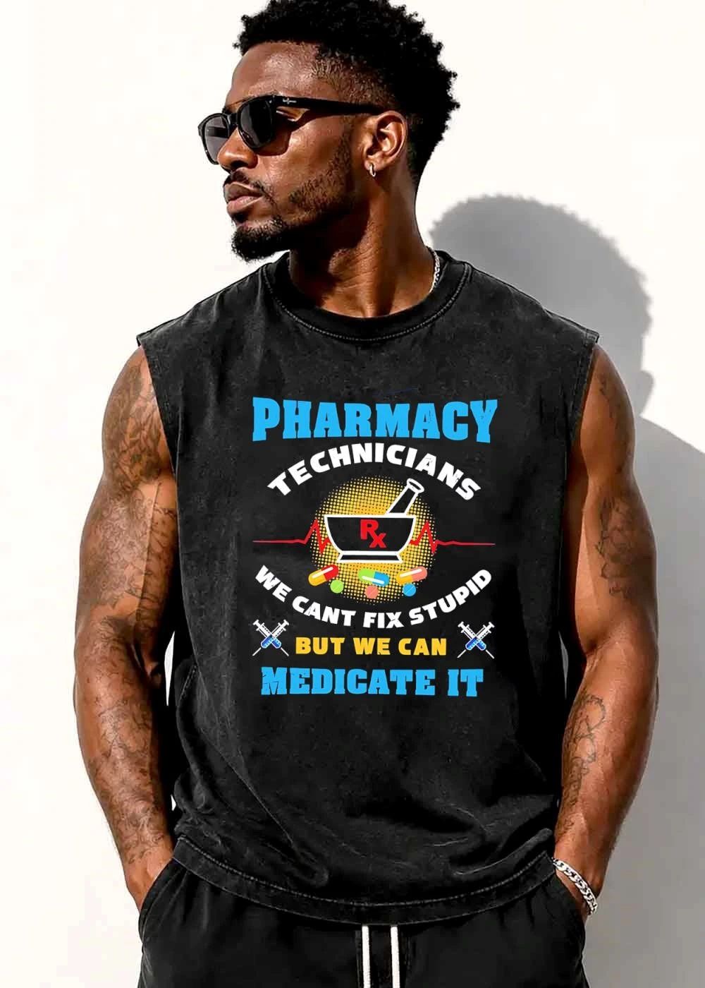 Pharmacy Technicians We Cant Fix Stupid But Can Medicate It Mortar Pestle Rx Halftone Pills Syringes shirt