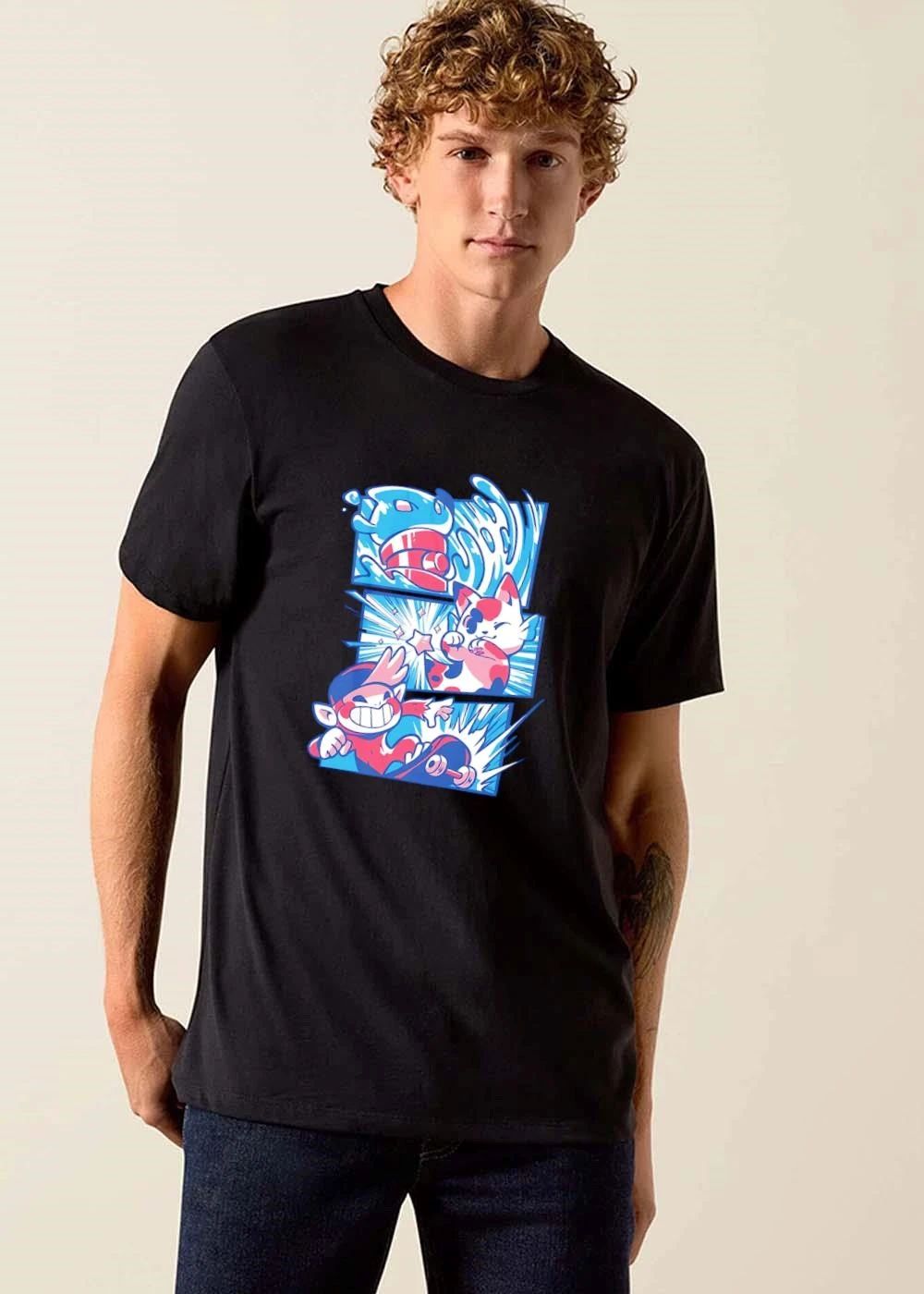 Cartoon Comic Book Panels Water Wave Calico Cat Skateboarding Monkey shirt
