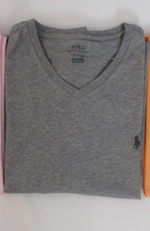 NEW MEN’S POLO BY RALPH LAUREN S/S V-NECK T-SHIRT, GREY, LARGE