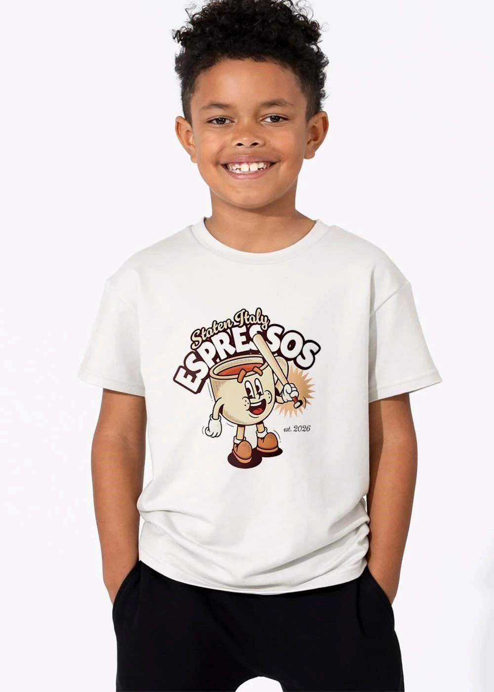Staten Italy Espressos Est 2026 Retro Cartoon Coffee Cup Mascot Baseball Bat shirt