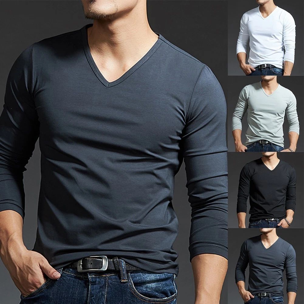 Stylish Men's Long Sleeves Muscle Tee V Neck Slim Fit Blouse for Activewear