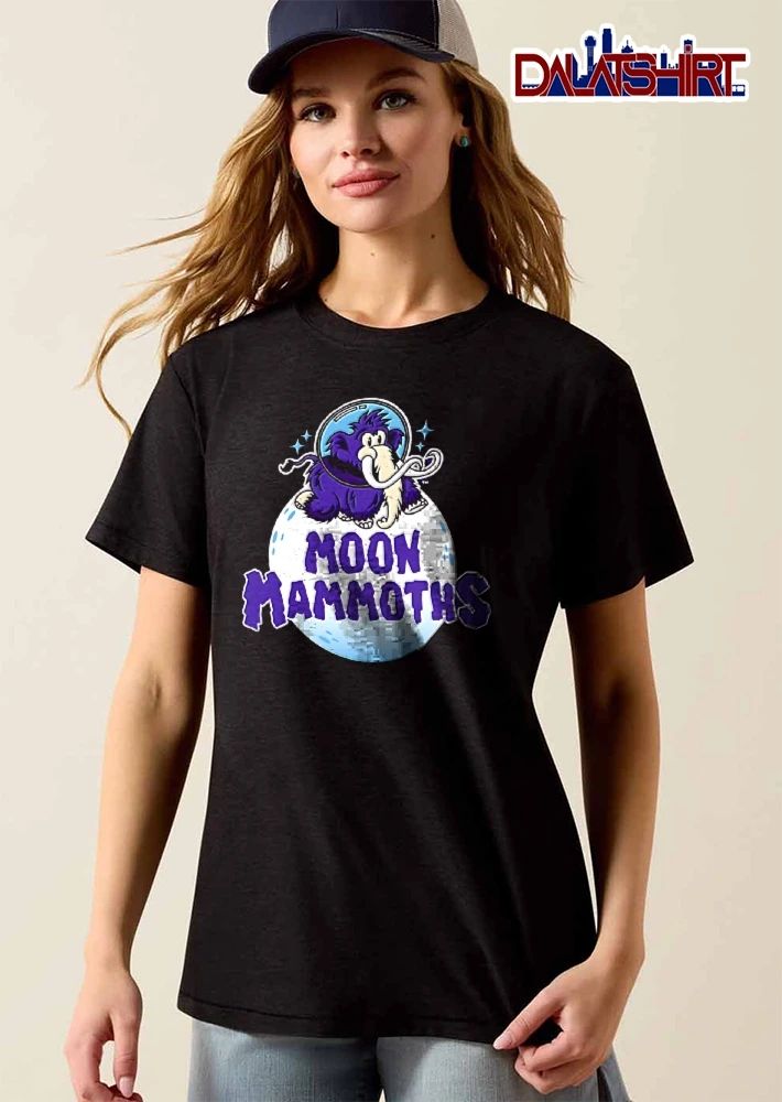 Moon Mammoths Purple Cartoon Mammoth Wearing Space Helmet Standing On Moon shirt