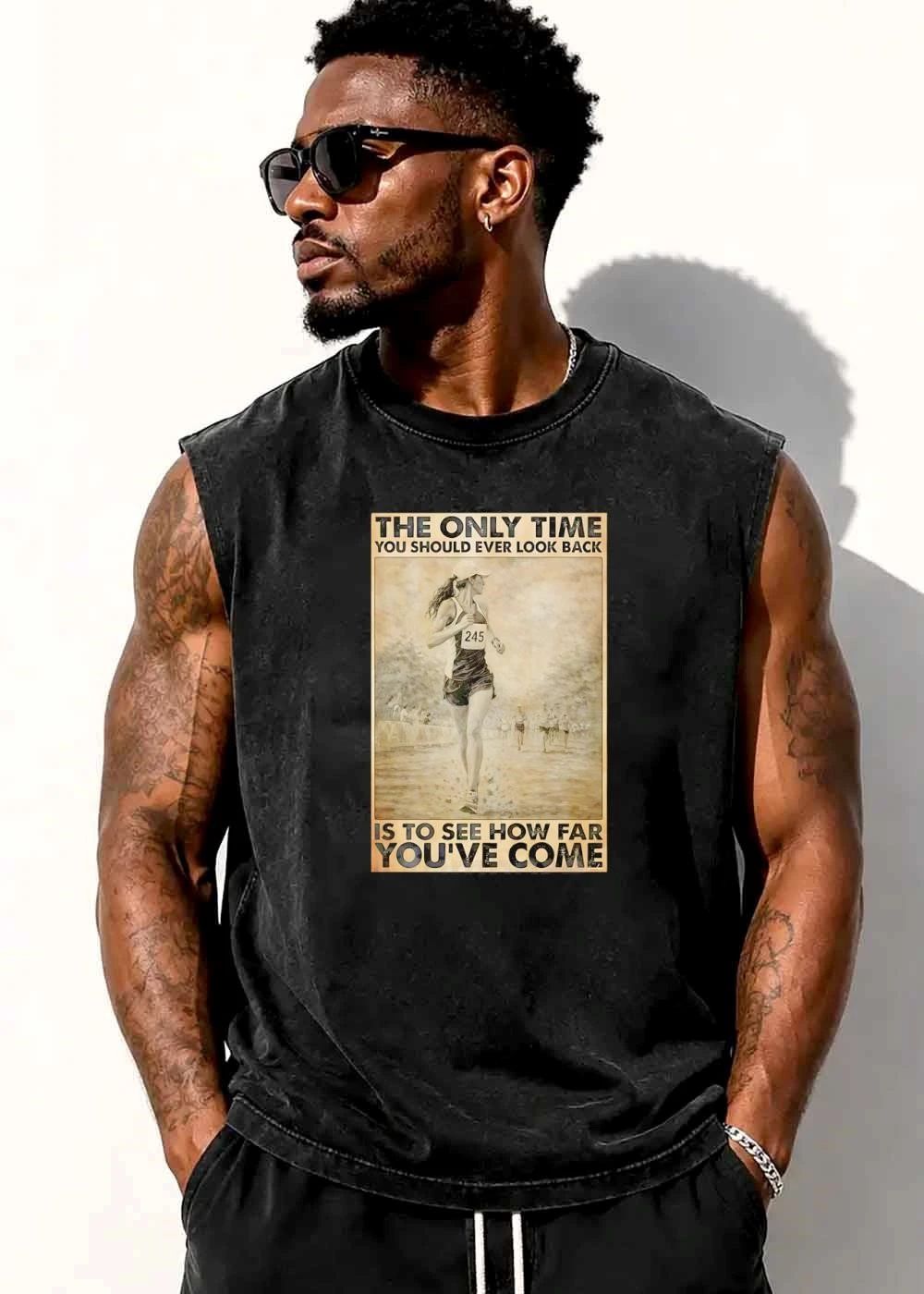 The Only Time You Should Ever Look Back Is To See How Far Youve Come Female Runner Sepia Vintage Poster shirt