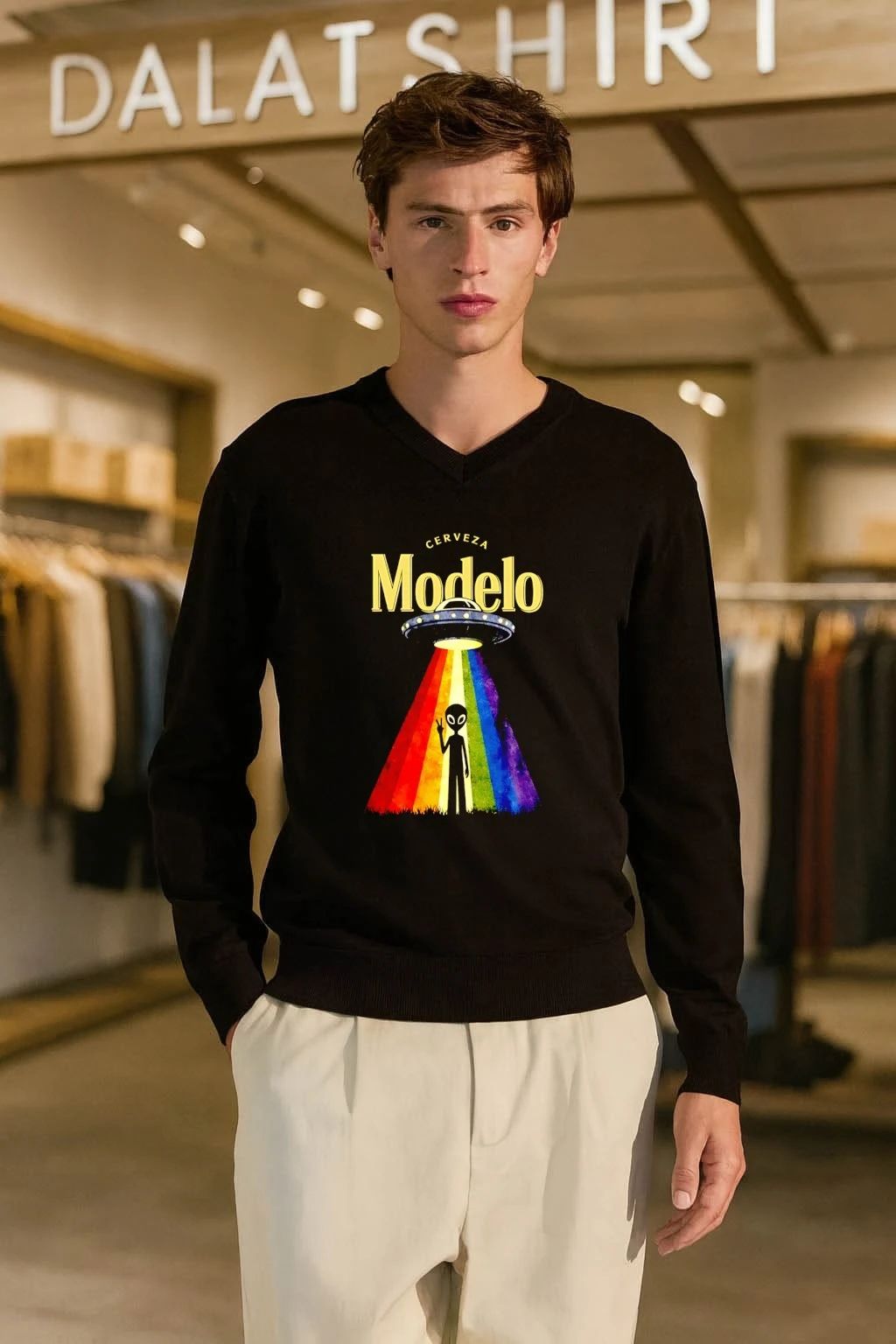 Modelo Cerveza beer alien extraterrestrial UFO spaceship rainbow peace Cerveza Modelo shirt