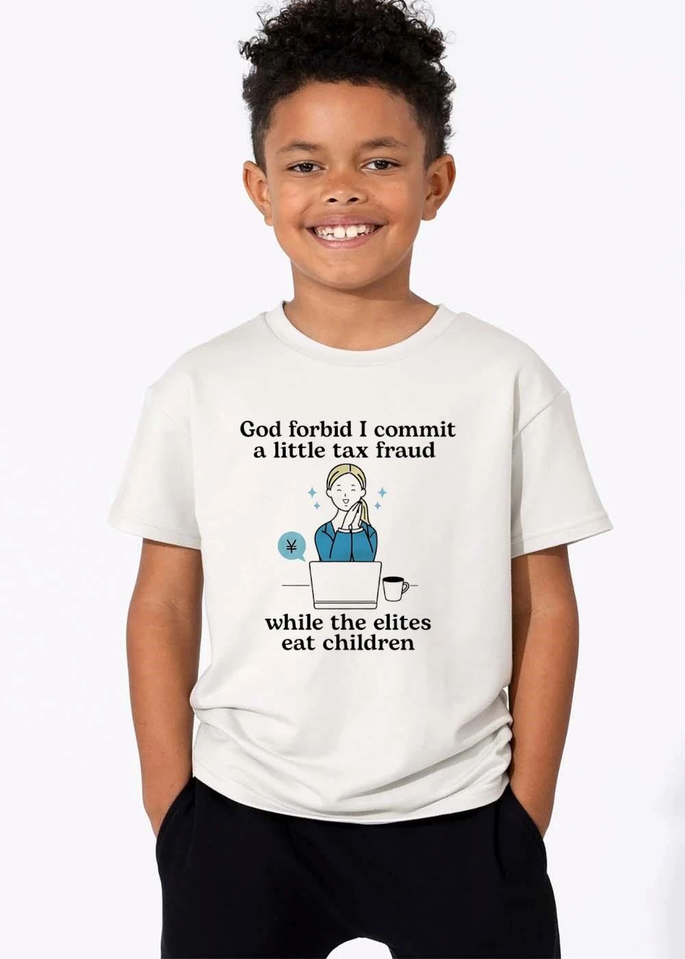 Funny God Forbid I Commit A Little Tax Fraud While The Elites Eat Children Cartoon Woman Laptop Yen Symbol shirt