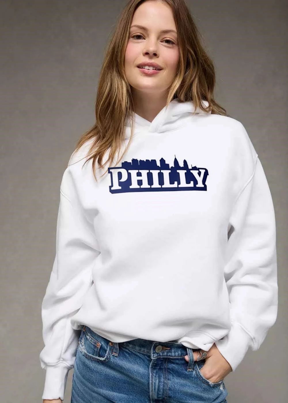 Philly Philadelphia City Skyline Silhouette White Block Text shirt