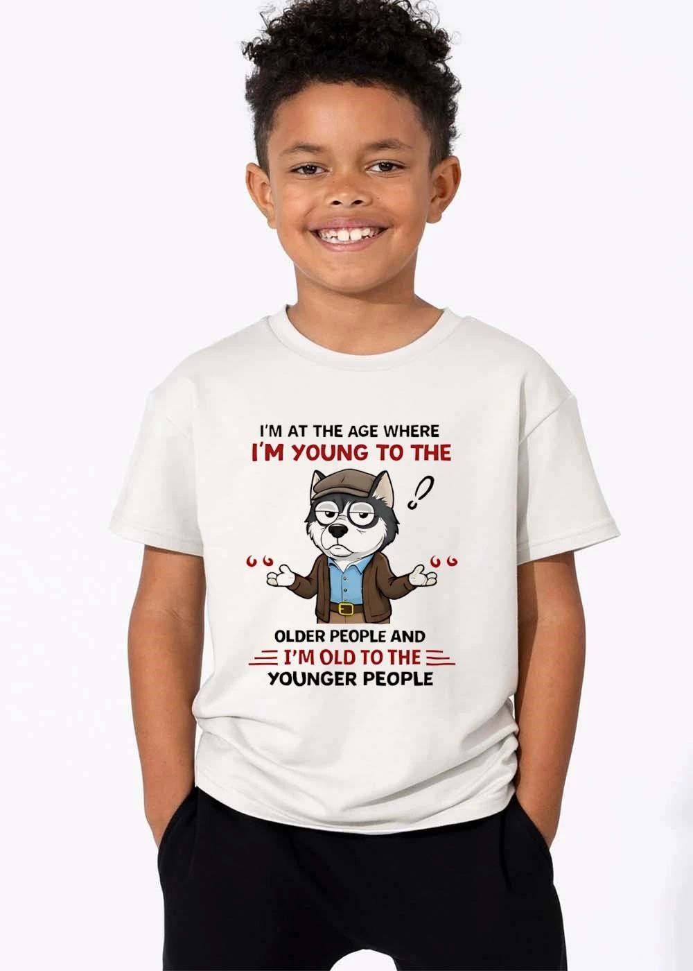 Im At The Age Where Young To Older People And Old Younger Cartoon Husky Shrugging shirt