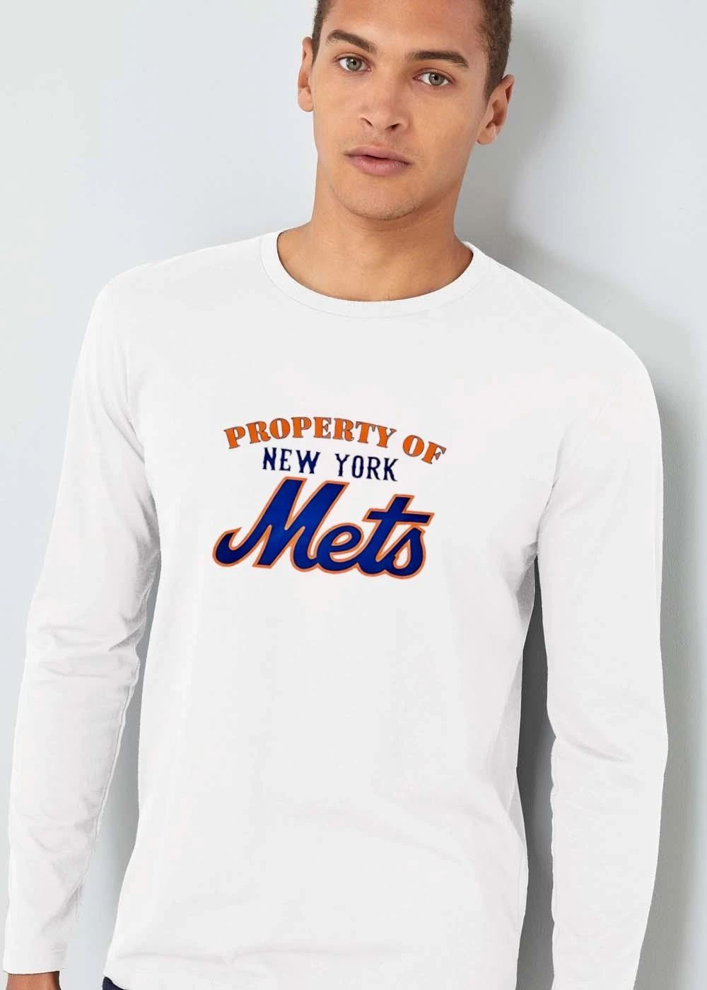 New York Mets MLB Property Of Arched Text Blue Orange Script Logo shirt