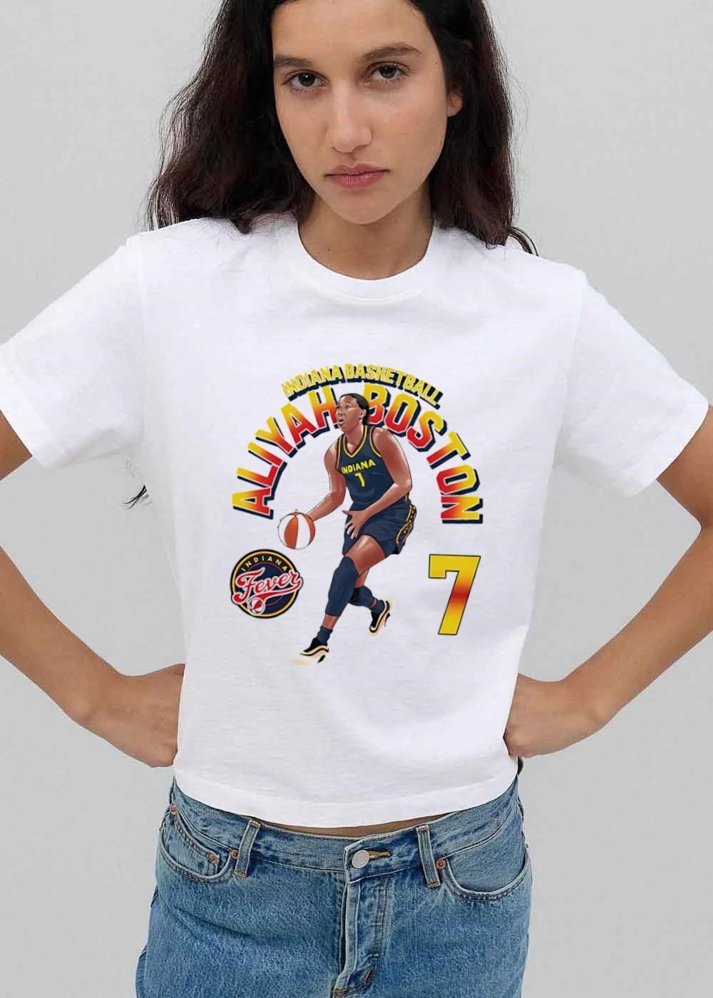 Indiana Fever WNBA Basketball Aliyah Boston 7 Player Illustration Dribbling shirt