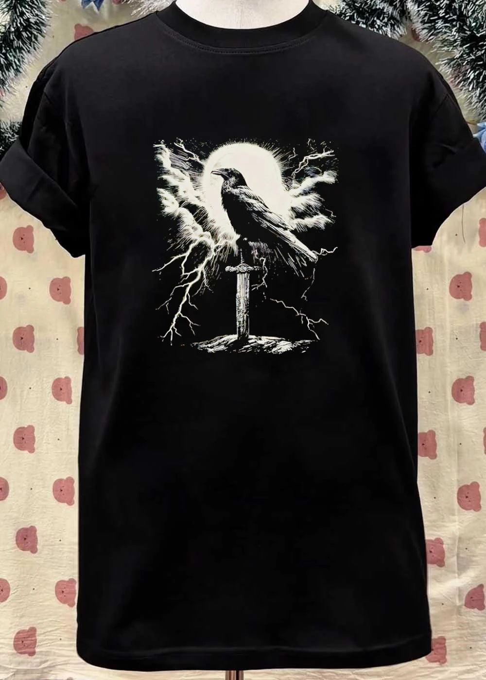 Raven Perched upon Sword under Lightning and Moon T-Shirt