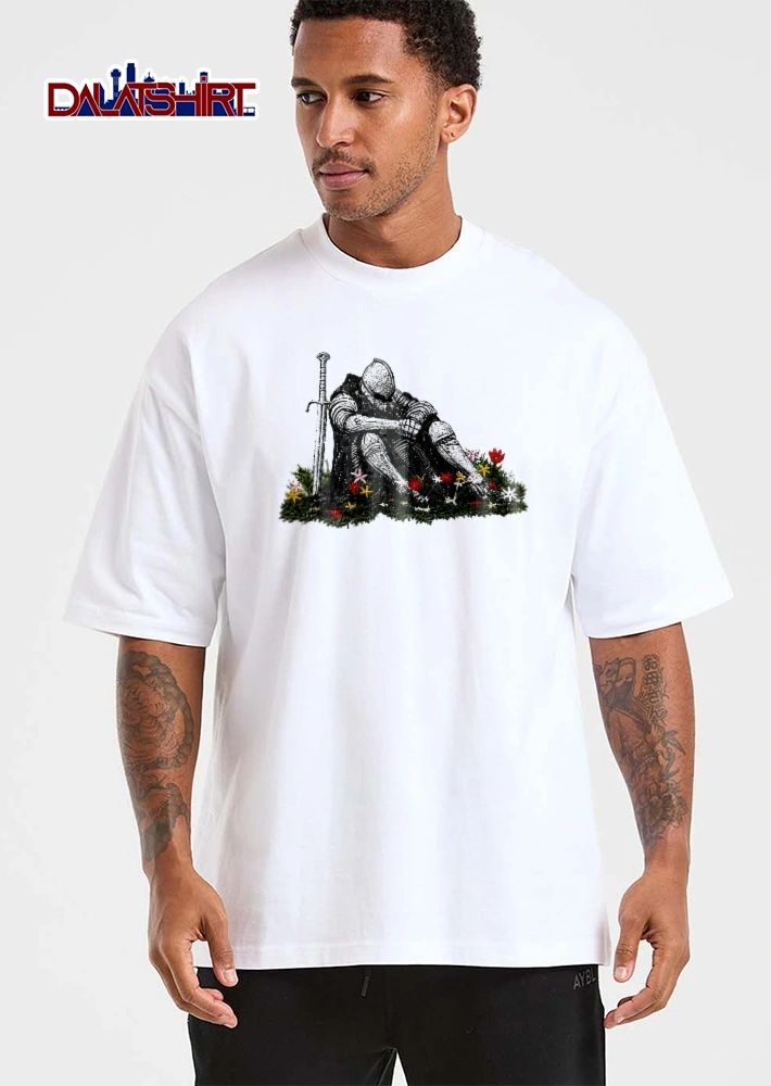 Armored Knight Sitting In Grass Flowers Beside Sword Line Art shirt