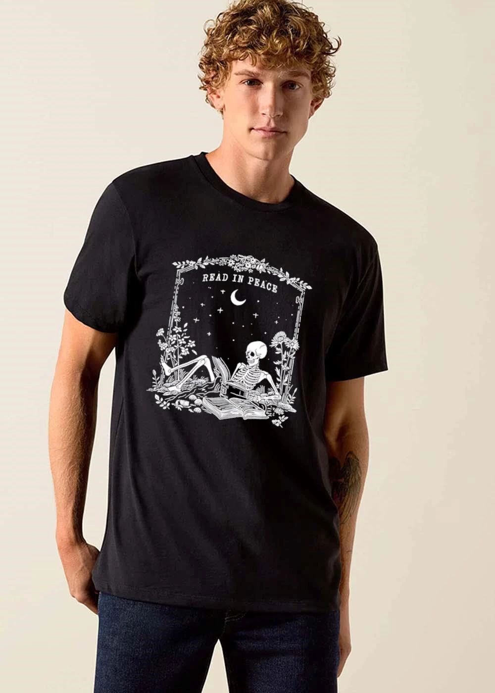 Read In Peace Skeleton Reading Book Crescent Moon Line Art shirt