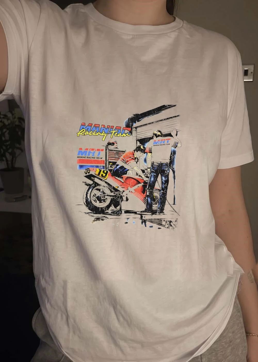 Maniac Racing Team Mechanic Working on Red Racing Motorcycle MRT shirt