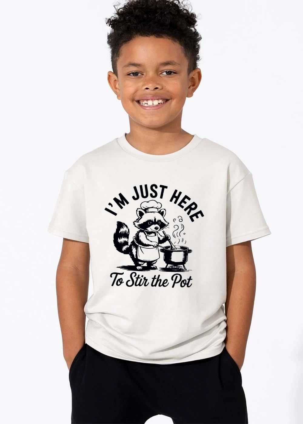 Im Just Here To Stir The Pot Cartoon Raccoon Chef Cooking Stew shirt