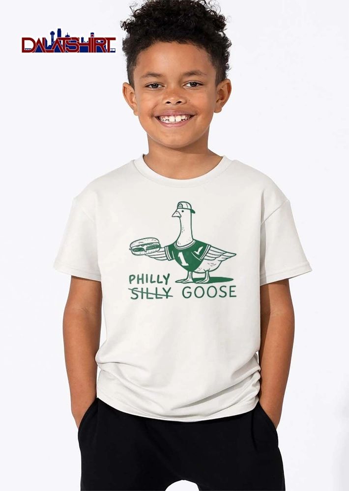 Philly Silly Goose Cartoon Line Art Mascot Wearing Jersey Backwards Cap Holding Cheesesteak shirt