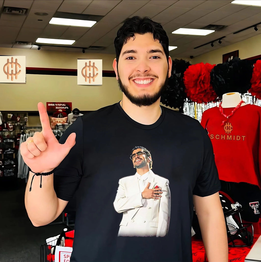 Bad Bunny in white suit portrait shirt