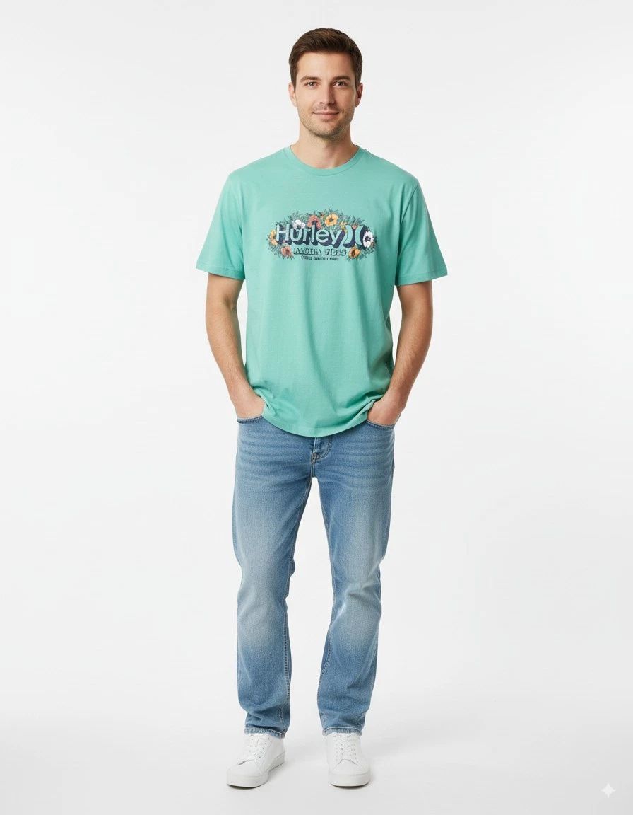 Hurley Men's T-Shirt Everyday Short Sleeve Beach Flower Green Size Large