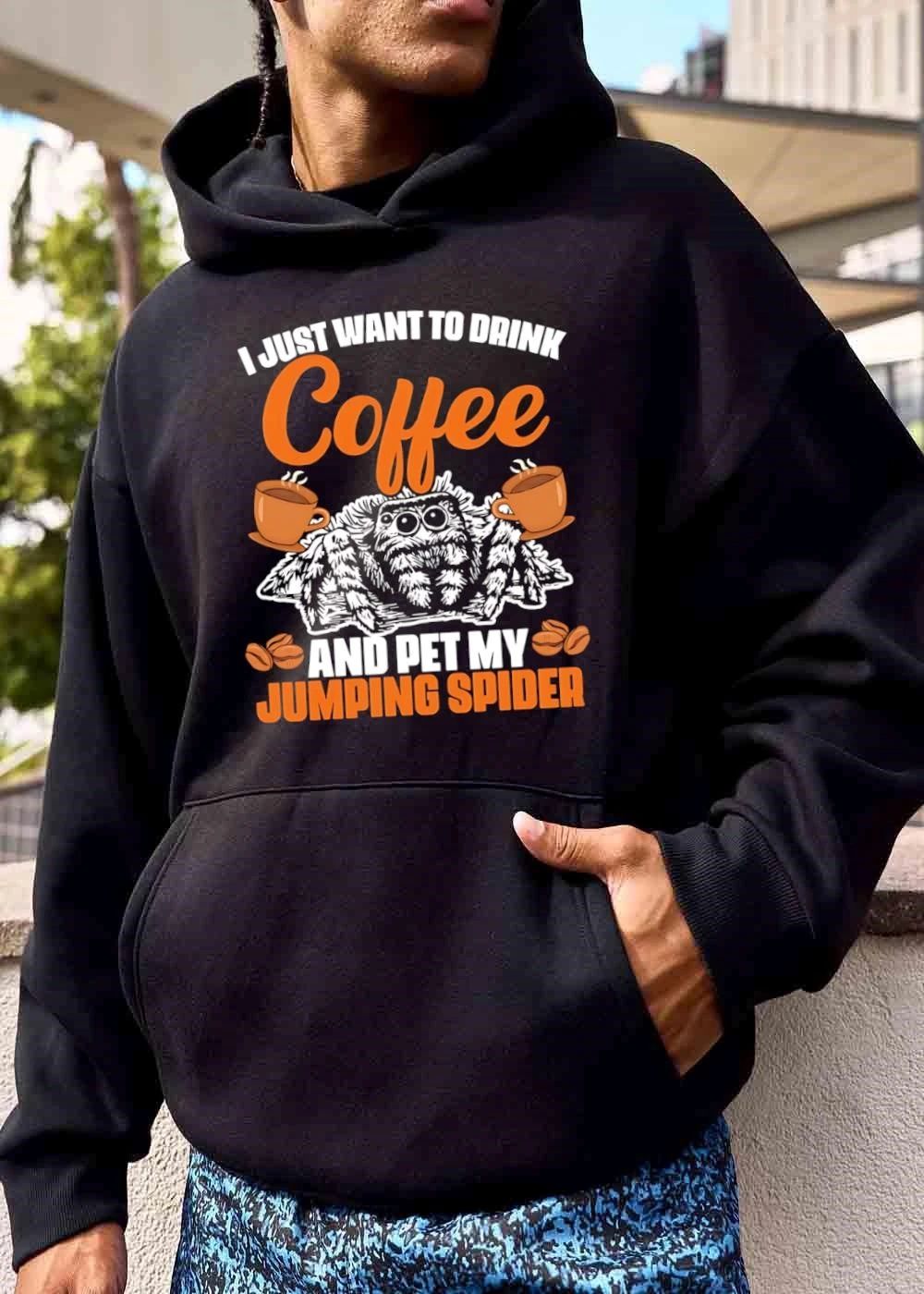 I Just Want To Drink Coffee And Pet My Jumping Spider Steaming Cups Beans Illustration shirt