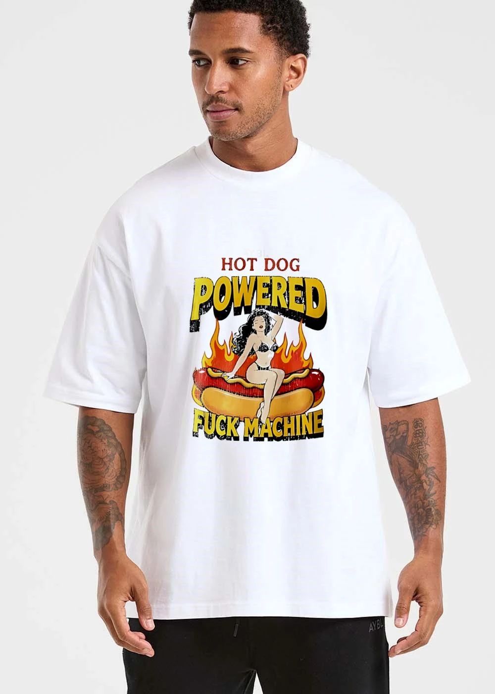 Dog Powered Fuck Machine Bikini Pinup Girl Mustard Flames Distressed shirt