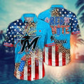 Miami Marlins Fireworks & Leopard Print Hawaiian Shirt