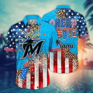 Miami Marlins Fireworks & Leopard Print Hawaiian Shirt