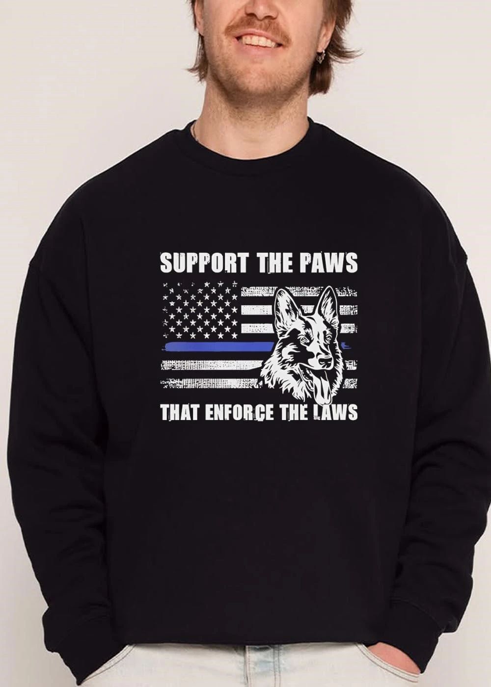 Support The Paws That Enforce Laws German Shepherd Thin Blue Line Flag shirt