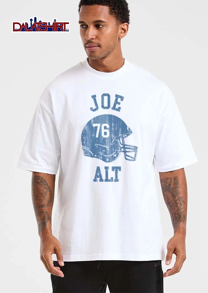 Joe Alt Distressed Light Blue Football Helmet With Number 76 Silhouette shirt