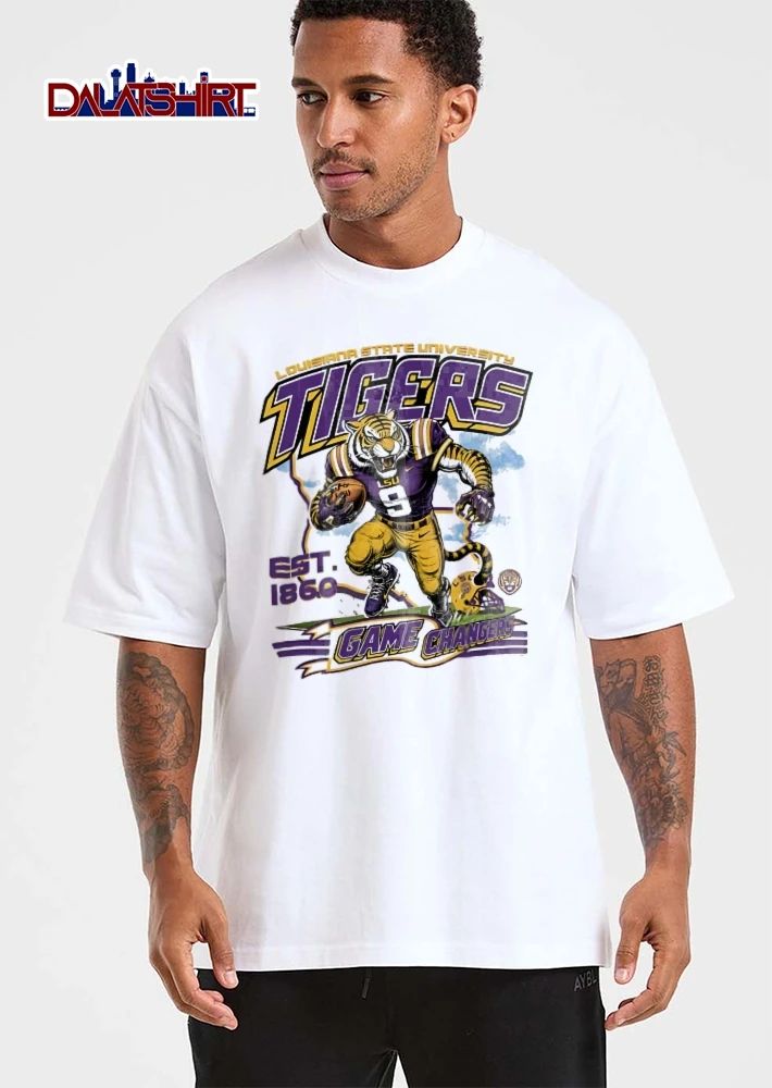 Louisiana State University Tigers NCAA Game Changers Est 1860 Football Mascot Running Map Outline shirt