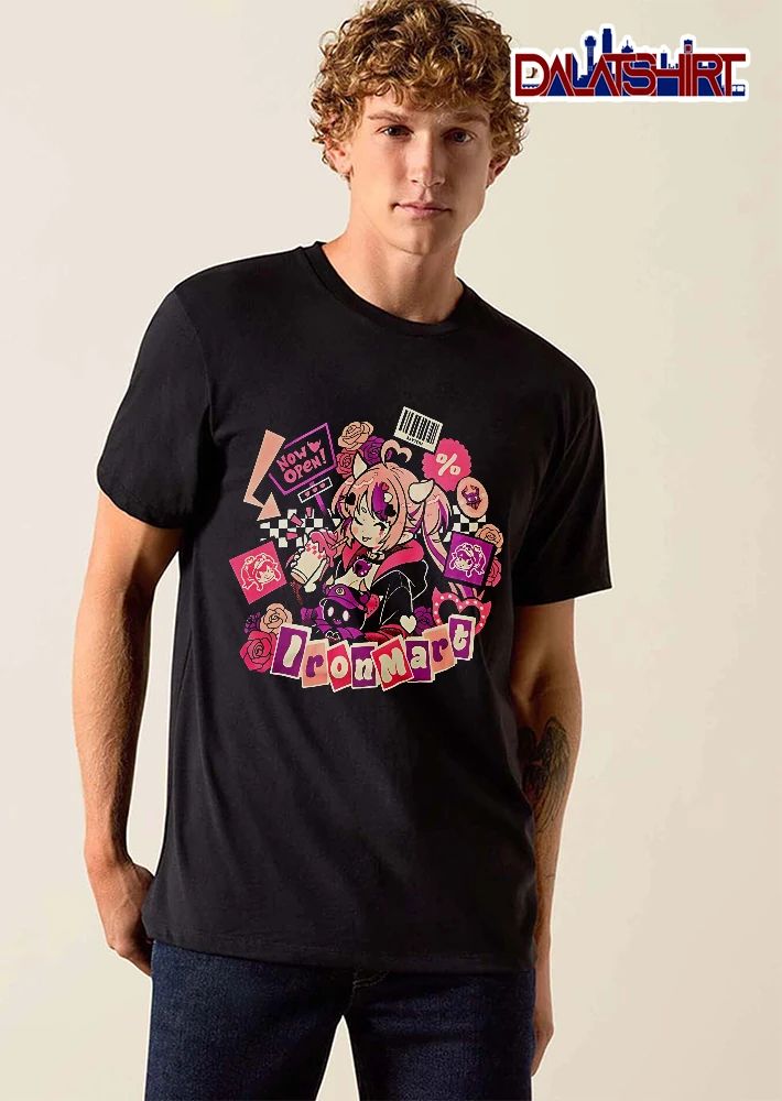 Ironmart Now Open Sayton Anime Horned Girl Drinking Boba Sticker Collage Roses shirt