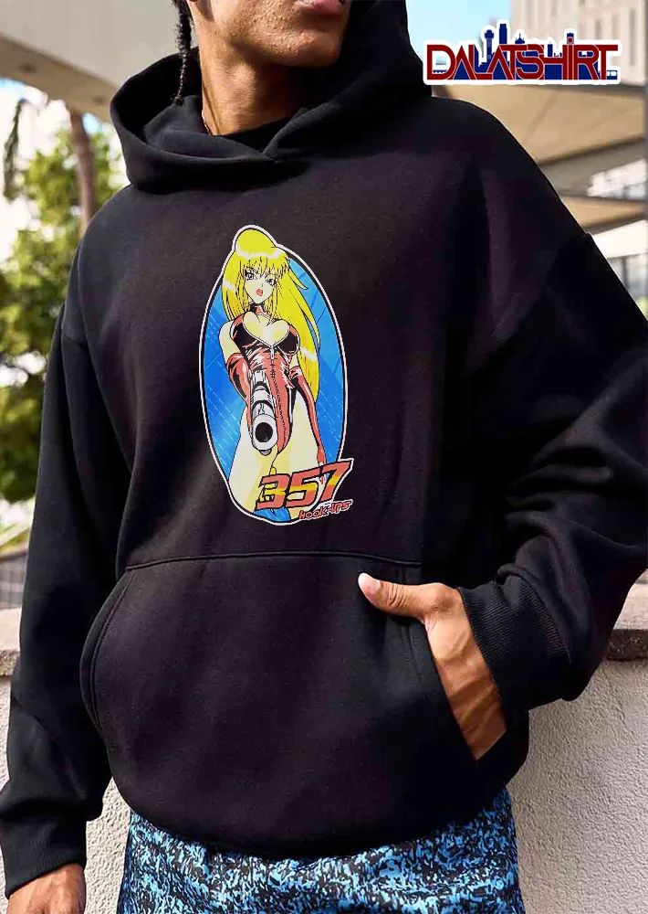 Hook Ups 357 Cartoon Girl Blonde Hair Pointing Gun Blue Oval Frame shirt