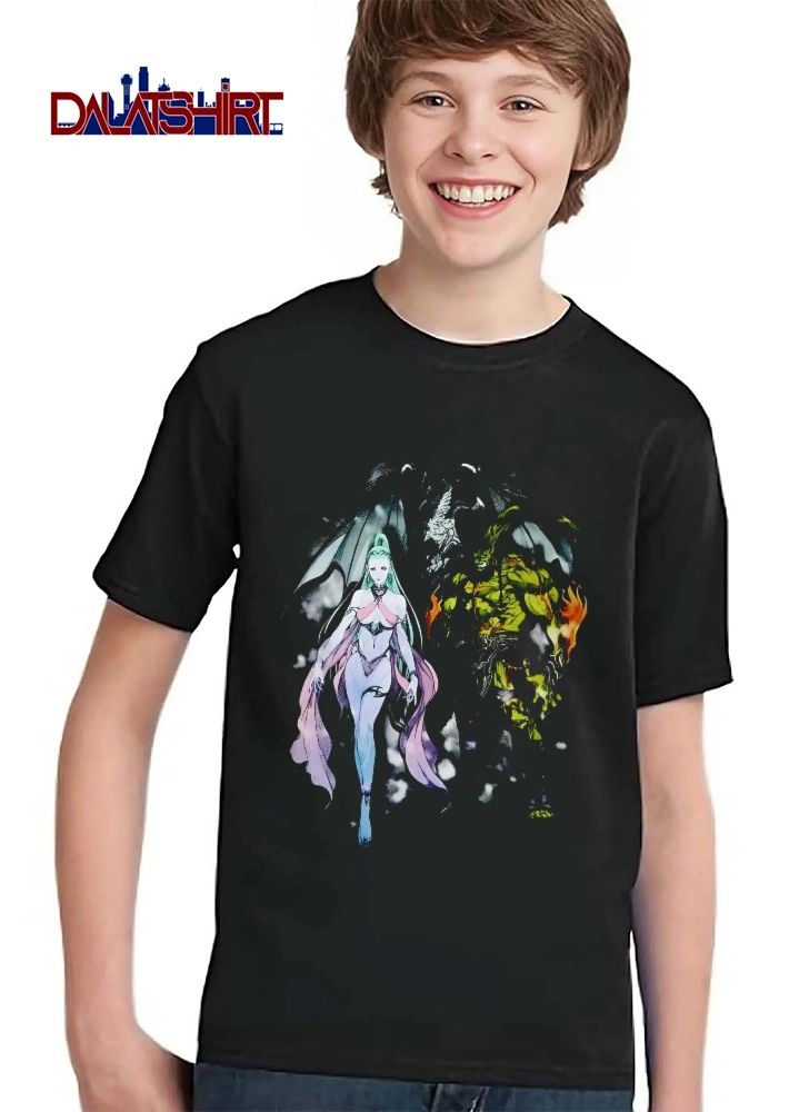 Pale Fantasy Ice Goddess Green Fiery Demon Dark Wings Black Background shirt