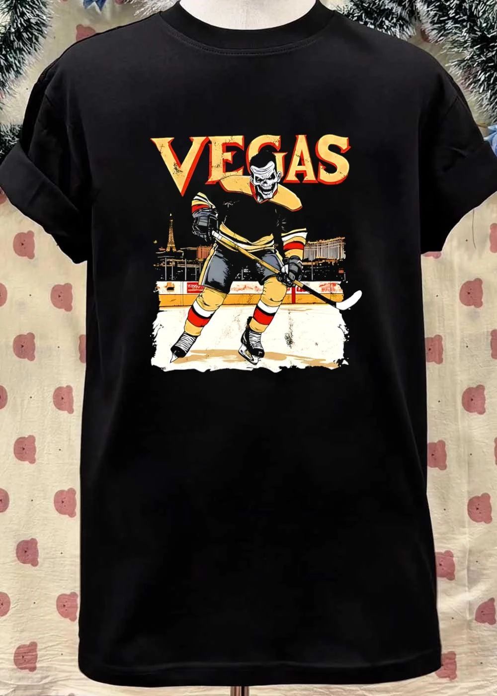 Vegas Hockey Player Skull on Ice Sports Fan Apparel T-Shirt