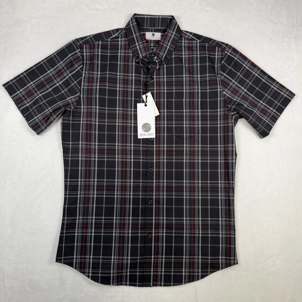 Social Coast Men's Short Sleeve Button-Down Shirt Size S Black Red White Plaid