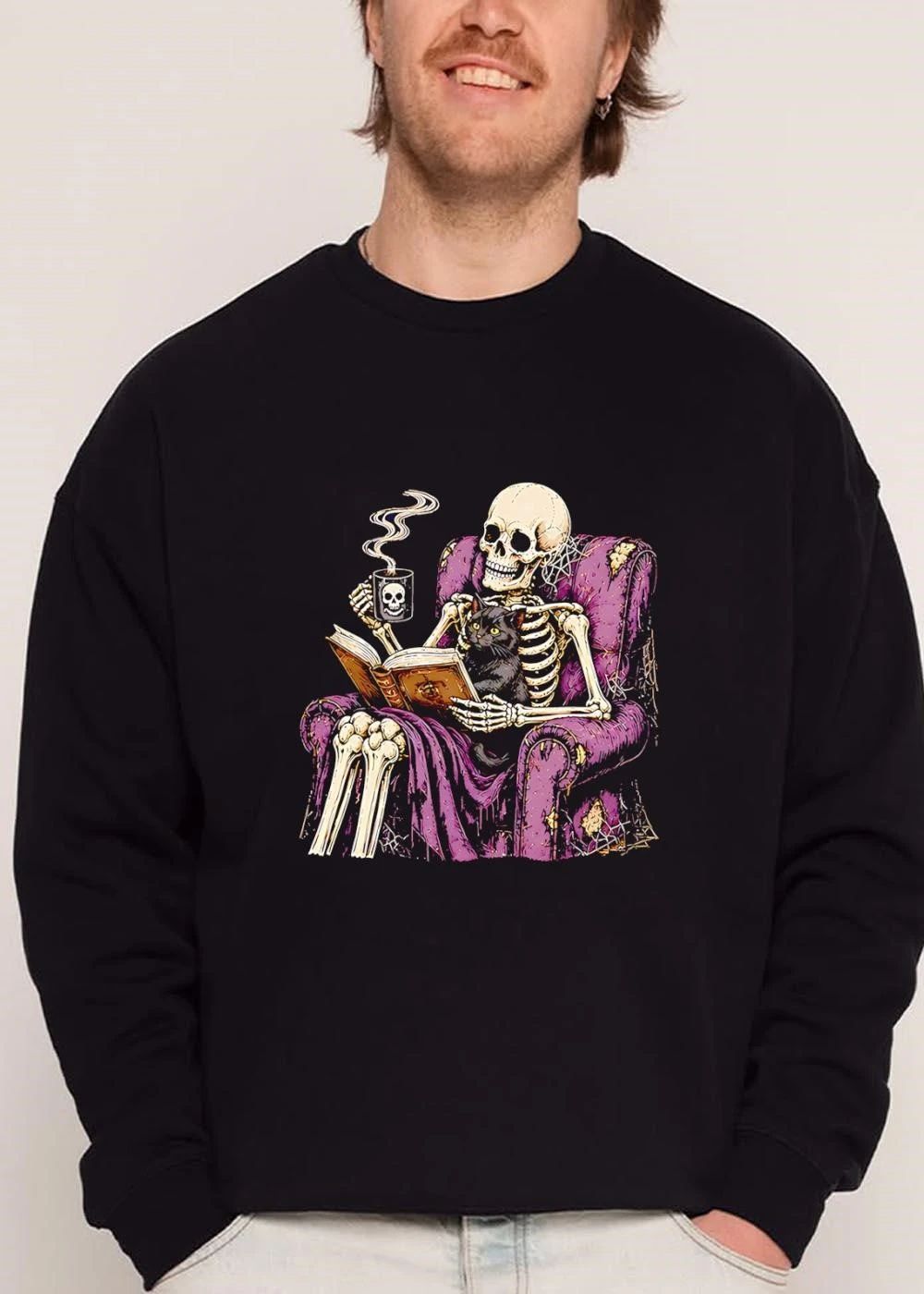 Skeleton Reading Old Book Purple Armchair Black Cat Steaming Mug shirt