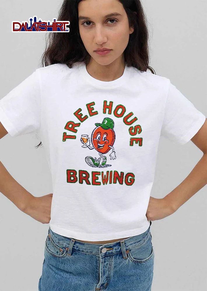 Tree House Brewing Cartoon Peach Mascot Walking Beer Glass Cap Sneakers Distressed Retro shirt