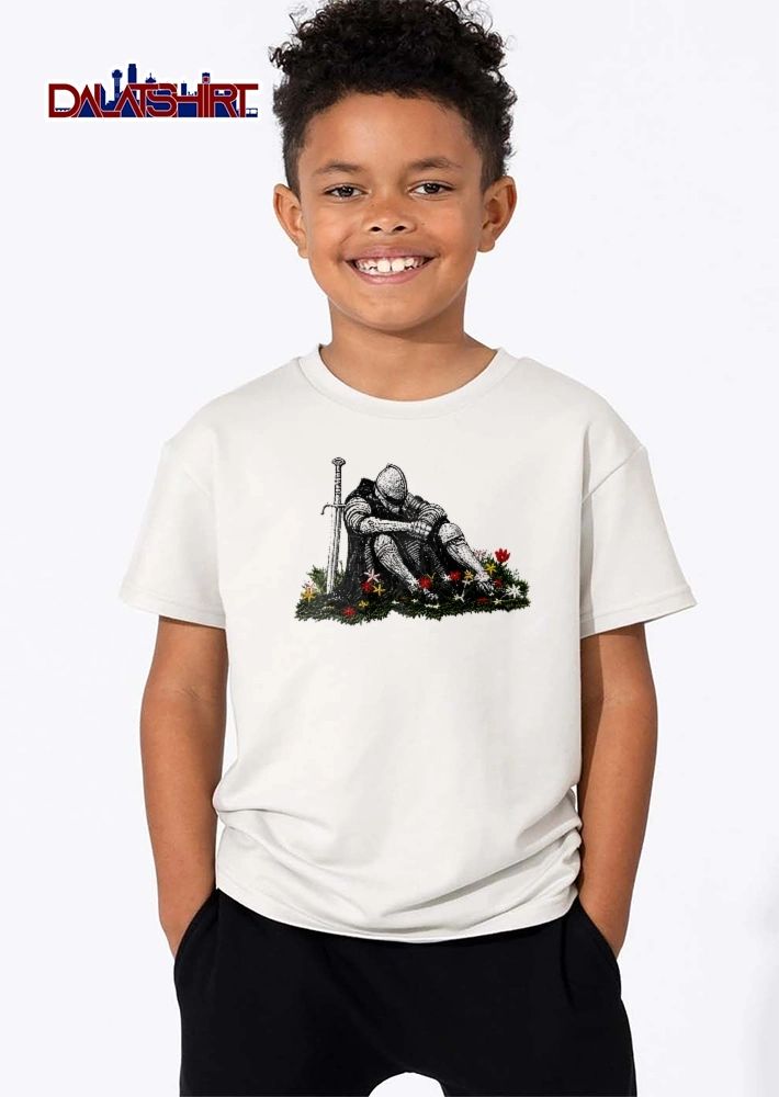 Armored Knight Sitting In Grass Flowers Beside Sword Line Art shirt
