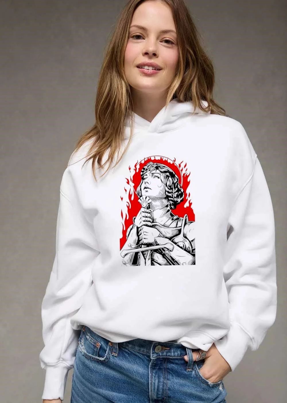Female Knight Saint Holding Sword Red Flames Halo Line Art shirt
