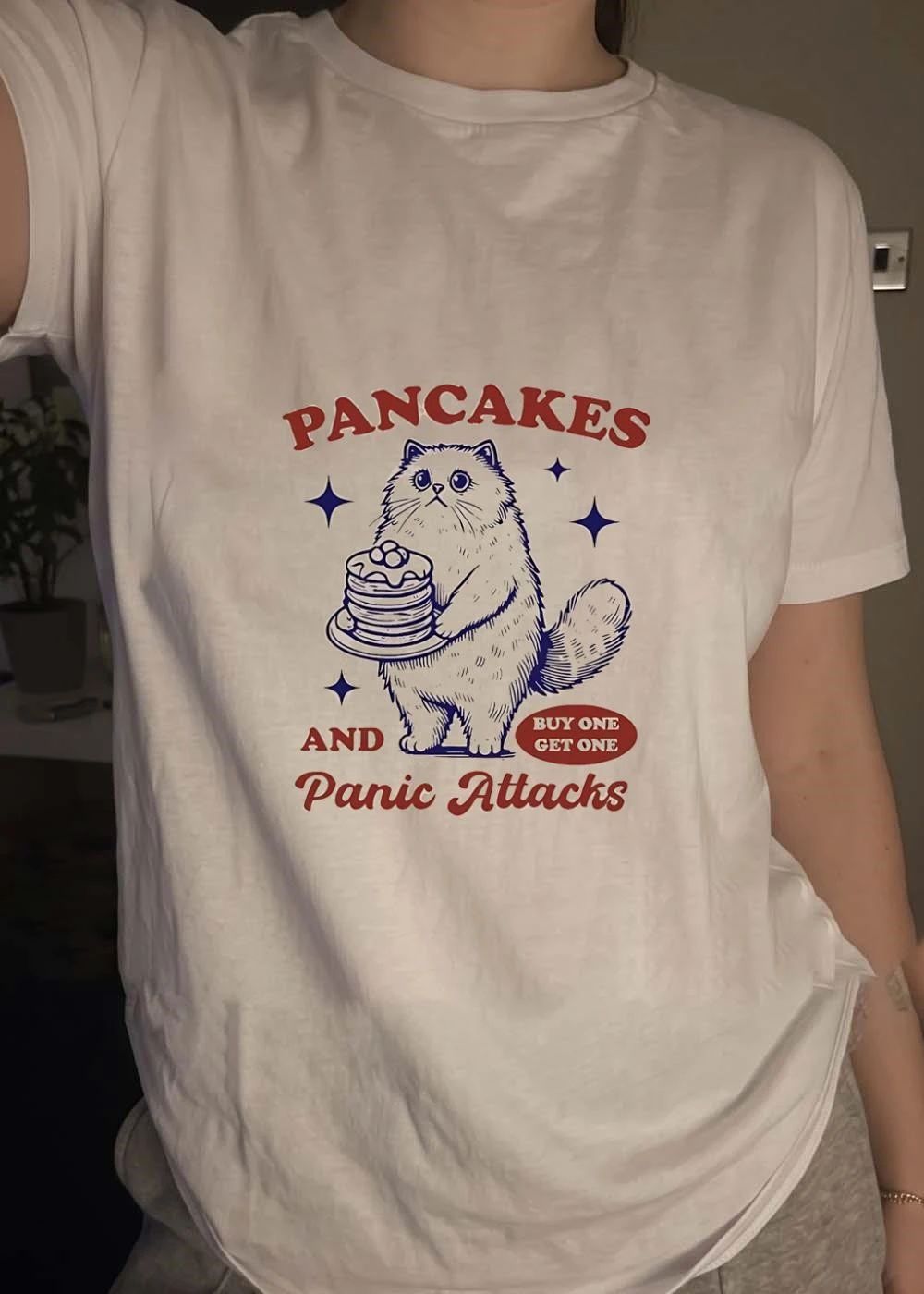 Funny Cat Holding Pancakes and Panic Attacks Buy One Get One shirt