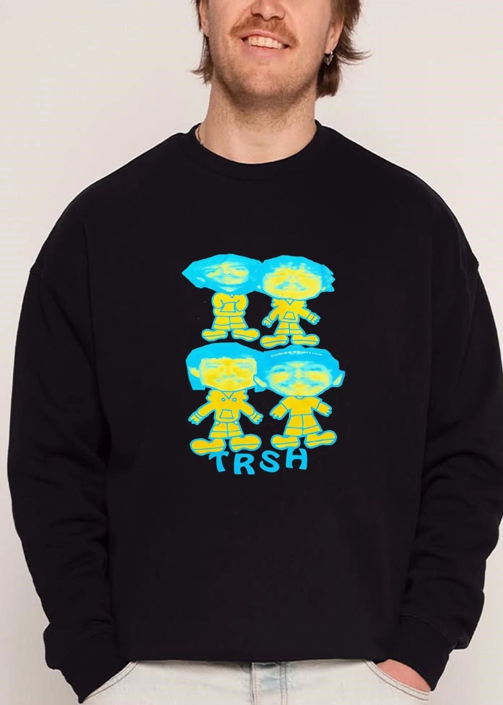 Trsh Four Stylized Cartoon Figures Yellow Cyan Caricature Heads shirt