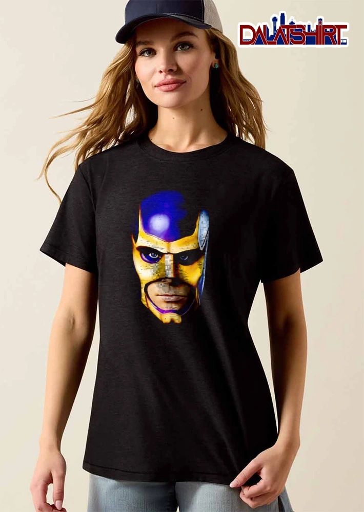 Realistic Painted Purple Gold Superhero Mask Face Close Up Portrait shirt