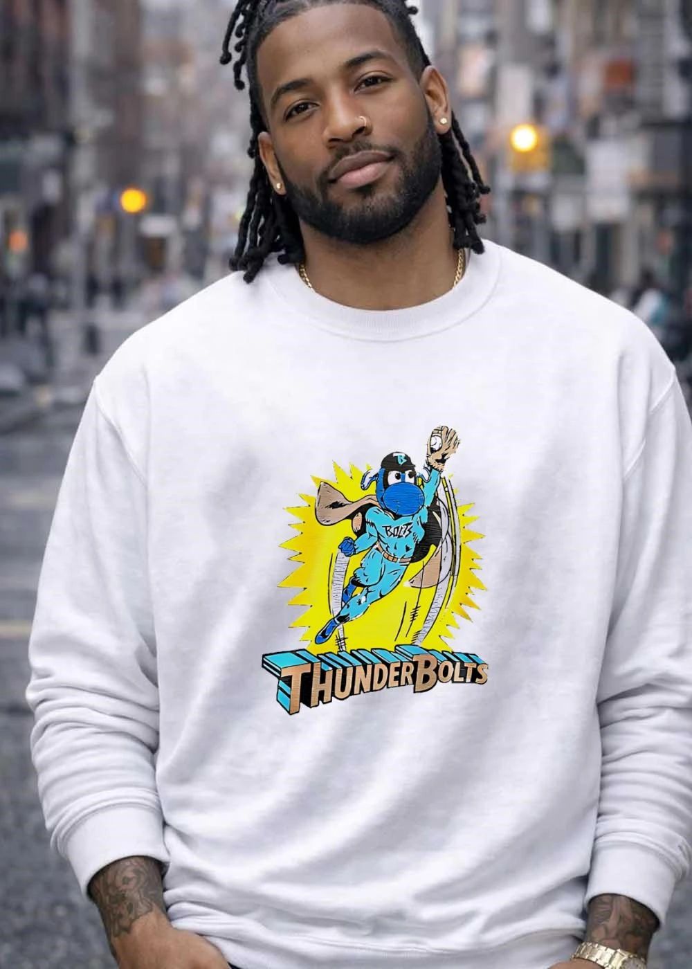 Thunderbolts Baseball Logo Superhero Action Figure Blue Character Shirt