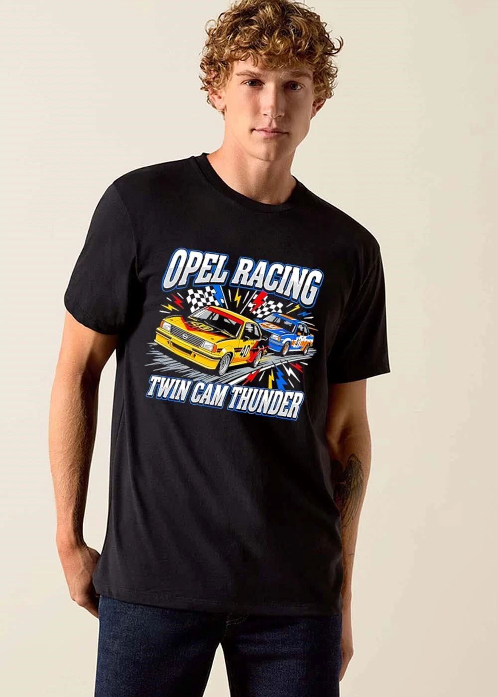 Opel Racing Twin Cam Thunder Yellow Blue Race Cars Checkered Flags Lightning shirt