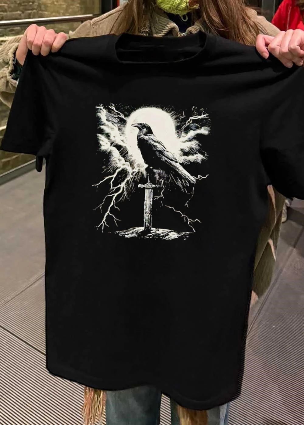 Raven Perched upon Sword under Lightning and Moon T-Shirt